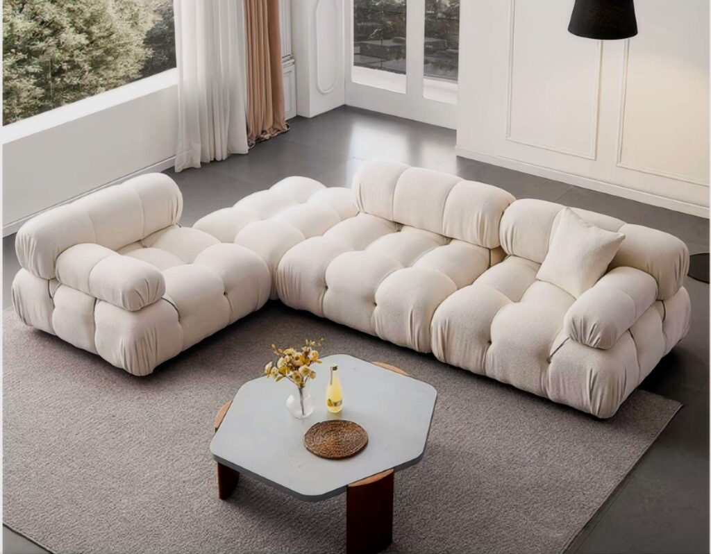 Modern office lobby with custom modular sofas in a professional setting