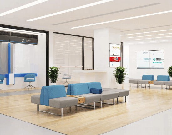 Modern office lobby featuring a minimalist coffee table and comfortable seating