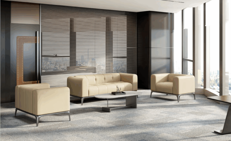 Modern open plan office with ergonomic furniture and modular desks