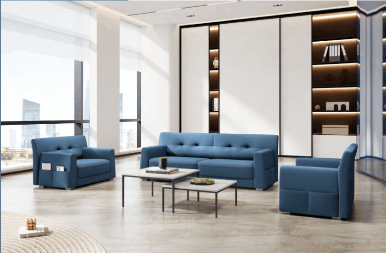 Hospitality furniture showroom displaying various office desk options