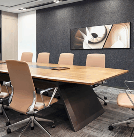Professional installation team assembling office furniture