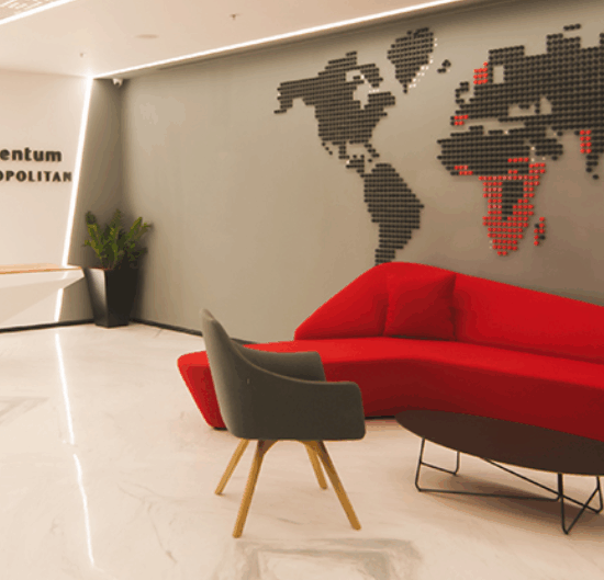 Customized corporate office cabinets with brand colors