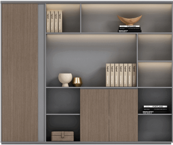 Modern row of gray metal office lockers in a bright 2026 office hallway