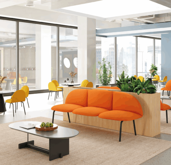 Wholesale office furniture showroom with modular workstations and collaborative seating