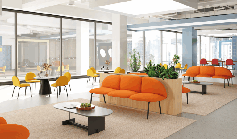 Digital tablet displaying a 3D office furniture catalog with interactive features