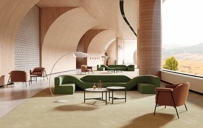Modern office floor plan rendered in 3D with ergonomic workstations
