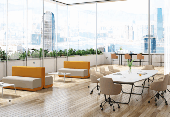 Modern open plan office with designer furniture and ergonomic workstations