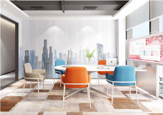 Modern 2026 office layout with ergonomic desks and modular seating