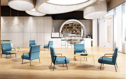 Modern HR office department with ergonomic desks and privacy screens