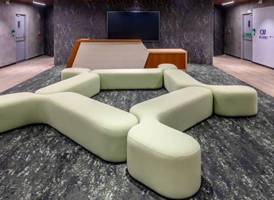 Modern office furniture layout in a professional corporate setting